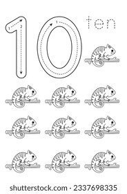 Black and white flashcard with number ten. African animal worksheet.
