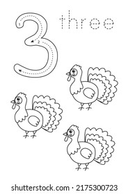 Black and white flashcard with number three. Farm animals.