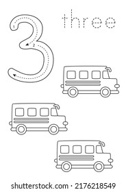 Black and white flashcard with number three. Transportation means