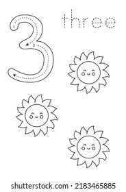 Black and white flashcard with number three. Worksheet with cute sun.