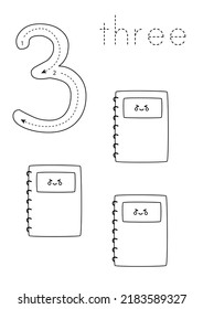 Black and white flashcard with number three. Worksheet with cute books.