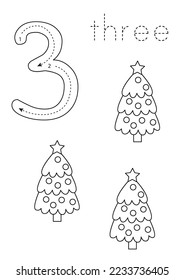 Black and white flashcard with number three. Worksheet with hand drawn Christmas trees.