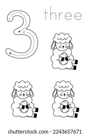 Black and white flashcard with number three. Easter worksheet with cute lamb.