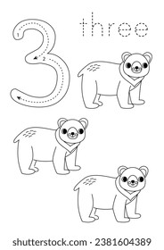 Black and white flashcard with number three. Asian animal worksheet.