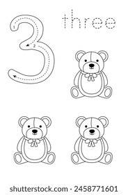 Black and white flashcard with number three. Cute cartoon toys.