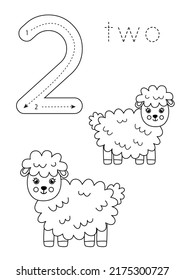 Tarjeta flashcard en blanco y negro con el número dos. Animales de granja.