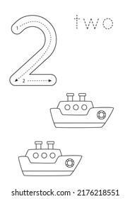 Black and white flashcard with number two. Transportation means