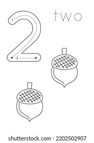 Black and white flashcard with number two. Worksheet with hand drawn acorns.