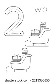 Black and white flashcard with number two. Worksheet with hand drawn Christmas sledge.