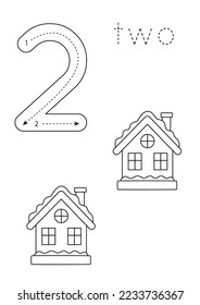 Black and white flashcard with number two. Worksheet with hand drawn winter houses.