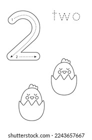 Black and white flashcard with number two. Easter worksheet with cute chick.