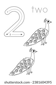 Black and white flashcard with number two. Asian animal worksheet.