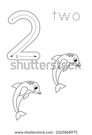 Black and white flashcard with number two. Worksheet with cute cartoon dolphins.