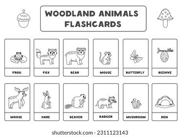 Black and white flashcards for kids with cute woodland animals. Educational cards.