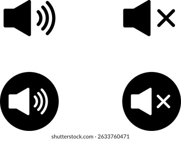 Black and White Flat Audio Control Sign Speaker Symbol Icon Sound On Off UI Button Set. Vector Image.