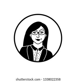 Black and white flat avatar of beautiful asian girl with glasses. Female portrait in a circle. Fashion character design illustration of happy woman with long hair, in shirt and suit jacket. 