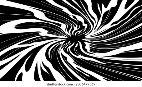 Black and white flat background with spiral energy swirl. Spiral tunnel. Vector image in manga and anime style.