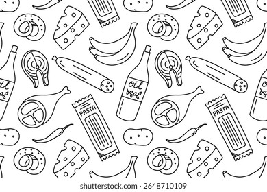 Black and white flat cartoon vector pattern of groceries with food items from supermarket. Outline style illustration for packaging, kitchen textiles, menu backgrounds, wrapping paper, food design