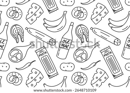 Black and white flat cartoon vector pattern of groceries with food items from supermarket. Outline style illustration for packaging, kitchen textiles, menu backgrounds, wrapping paper, food design