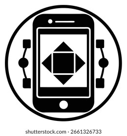 Um ícone de design plano preto e branco com um telefone celular com formas geométricas e linhas de conexão, simbolizando o desenvolvimento de aplicações ou processos de design digital.