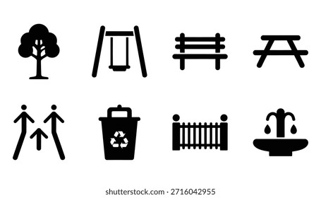 Ícones de design plano em preto e branco que ilustram uma árvore, banco, família, lixeira, cerca e fonte de água para uso universal em infográficos e mídia digital.