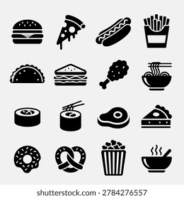 Black and white flat design icons depicting various popular food items and dishes for digital use