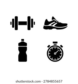 Black and white flat design icons depicting fitness equipment and timekeeping tools for exercise and workout routines.