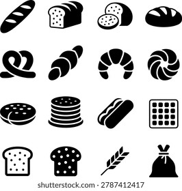 Black and white flat design icons depicting various types of bread pastries and baking items