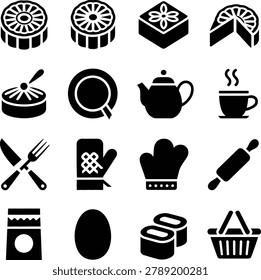 Black and White Flat Design Icons Featuring Baking Desserts Cooking Utensils and Beverage Items