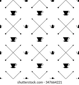 Black and white flat design icons, Pour over drip coffee makers, goose neck kettles, and crossed arrows are illustrated to be seamless graphic pattern.