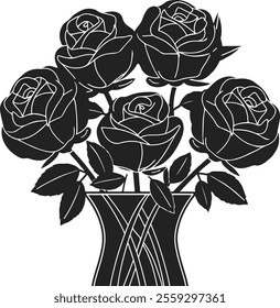 A black and white flat design illustration with no shadows, of a bouquet of roses