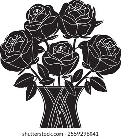  A black and white flat design illustration with no shadows, of a bouquet of roses.