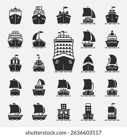 Black and white flat design nautical icons featuring various ships and boats on white background
