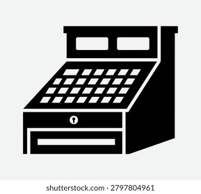 A black and white flat icon depicting a cash register, commonly used in retail settings for processing transactions and handling money.