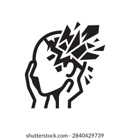 Black and white flat icon of a human head shattering, representing mental health, stress, anxiety, or psychological breakdown for medical designs.