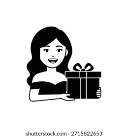 Schwarz-weiß flach Symbol der lächelnden Frau hält Geschenkbox zum Verkauf Design