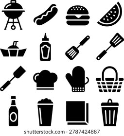 Black and white flat icons depicting barbecue cooking and outdoor dining essentials with food items