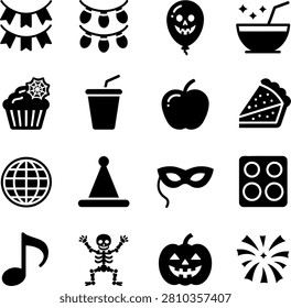 Black and white flat icons depicting Halloween and festive celebration symbols with food and party items