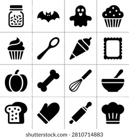 Black and white flat icons depicting Halloween baking ingredients and tools with spooky elements