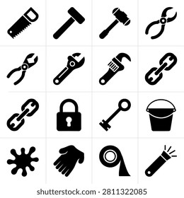 Black and white flat icons depicting various tools and utility items for graphic design projects