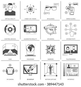 Black and white flat icons set of technological devices for virtual augmented reality isolated vector illustration