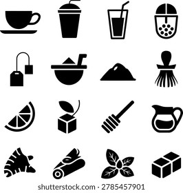 Black and White Flat Icons Showing Various Tea and Coffee Related Items and Ingredients