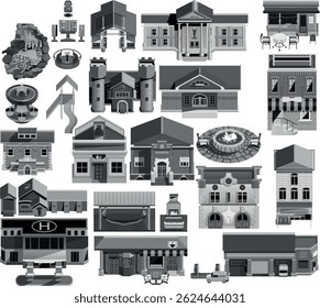 Black and white flat illustrations of a retro building. Main materials: wood, stone, tiles, tiles, brick. High detailing that reveals the functionality of the building to the maximum. You can easily r