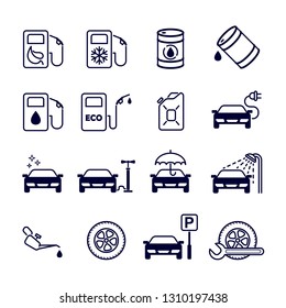 Black and white flat isolated vector icons set for site - gas station, eco petrol, winter gasoline, oil, tire fitting, charging, car wash, service, parking, cleaning, tire inflation.