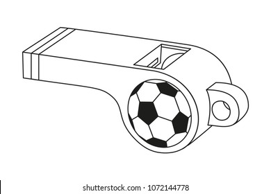 Black and white flat referee whistle for soccer ball. Sport theme vector illustration for icon, sticker sign, patch, certificate badge, gift card, stamp logo, label, poster, web banner, flayer
