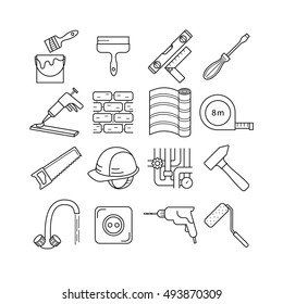 A black and white flat set of icons for house repair and building. Outline web icons big set including equipment and materials. Building, constructions and home repair tools. Interior design change