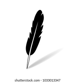 black and white flat simple feather quill pen icon vector illustration with shadow