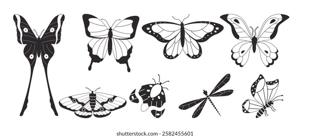 Black and white flat style illustration of various butterflies, moths, and insects with intricate wing patterns, perfect for decorative, nature-inspired, and tattoo design projects.