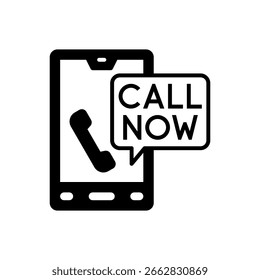 Black and white flat vector design of a phone with CALL NOW label and handset icon, clean and bold