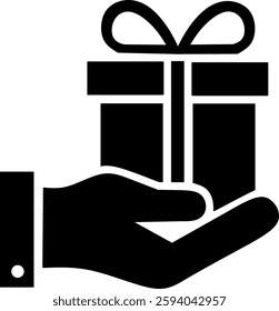 "Black and white flat vector icon of a hand holding a gift box, perfect for gift promotions, donations, customer service, and e-commerce."